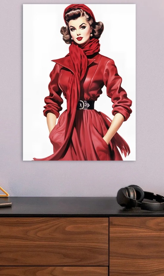 Vintage Fashion Illustration in Red — metal poster wall art by Lineer