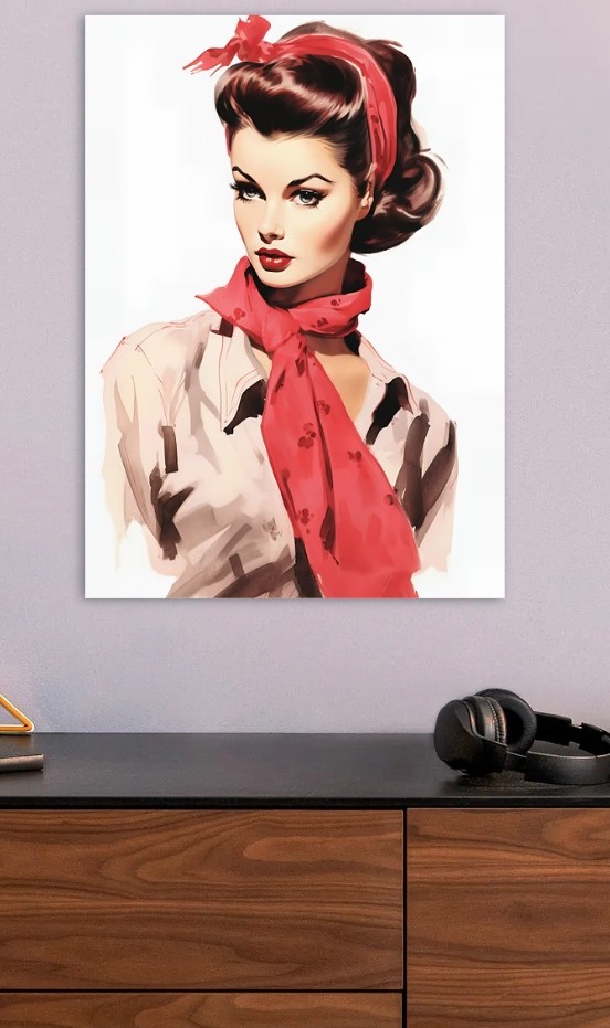 Vintage Woman Portrait with Red Scarf — metal poster wall art by Lineer