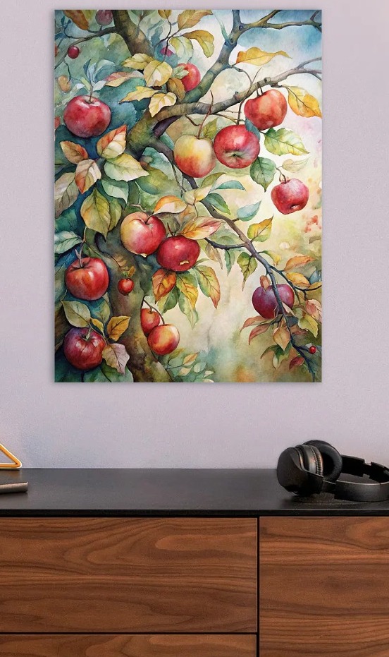 Watercolor Apple Tree with Ripe Apples — metal poster wall art by Lineer
