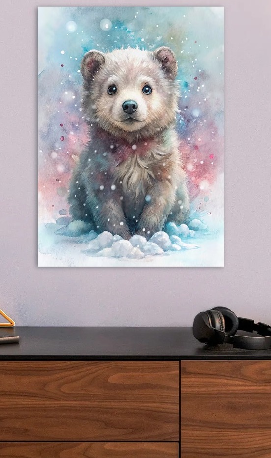 Watercolor Bear Cub in Snow — metal poster wall art by Lineer