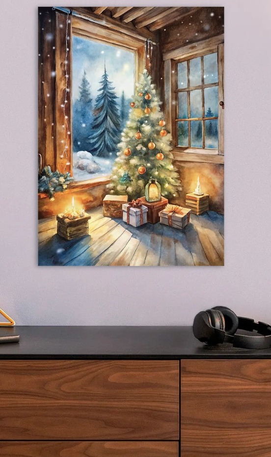 Watercolor Christmas Tree in Cozy Cabin — metal poster wall art by Lineer