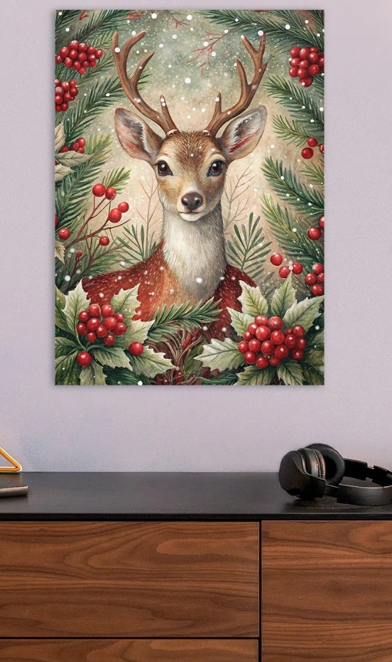Watercolor Deer Portrait with Winter Foliage — metal poster wall art by Lineer
