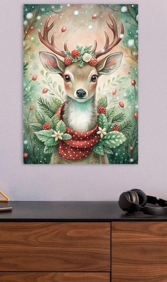 Watercolor Deer with Berries and Scarf — metal poster wall art by Lineer