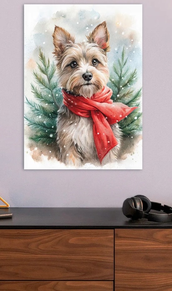 Watercolor Dog with Red Scarf — metal poster wall art by Lineer