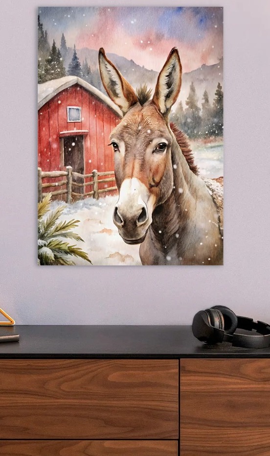 Watercolor Donkey in Winter Landscape — metal poster wall art by Lineer