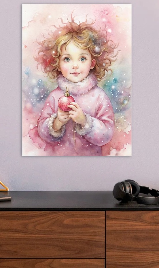 Watercolor Girl with Christmas Ornament — metal poster wall art by Lineer