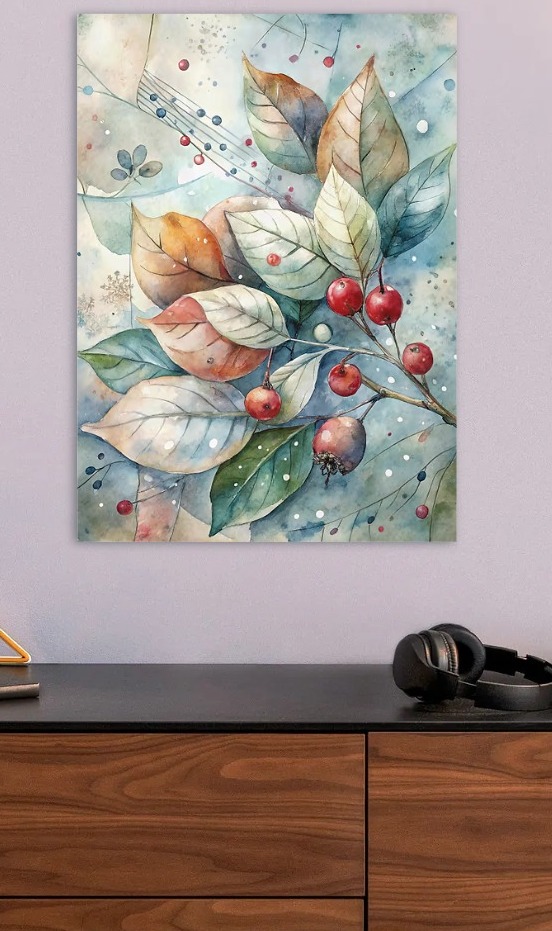 Watercolor Leaves and Berries Illustrati — metal poster wall art by Lineer