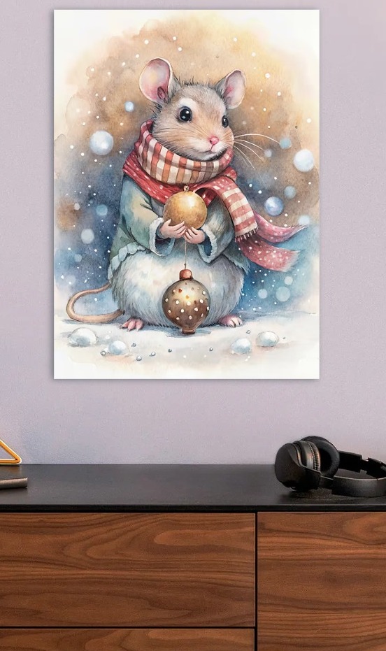 Watercolor Mouse with Christmas Ornament — metal poster wall art by Lineer