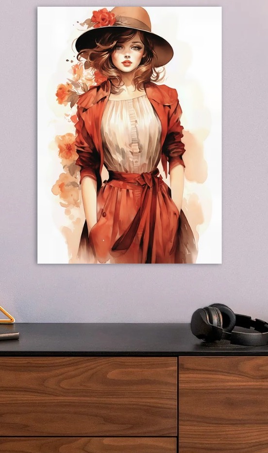 Watercolor Portrait of Woman in Hat — metal poster wall art by Lineer