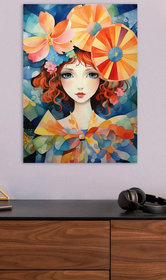 Watercolor Portrait with Floral Accents — metal poster wall art by Lineer