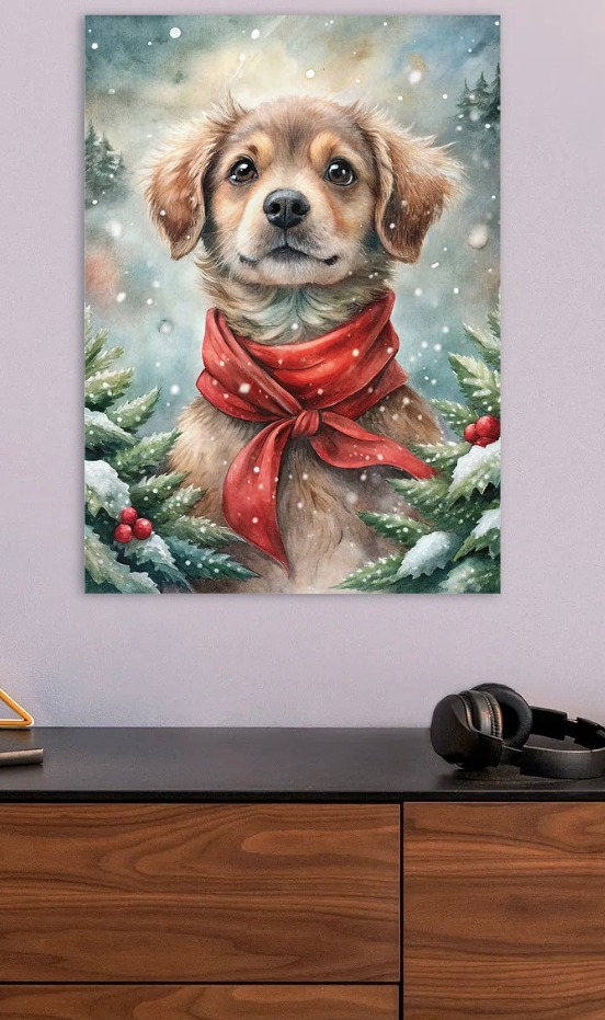 Watercolor Puppy with Red Scarf — metal poster wall art by Lineer