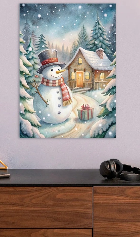 Watercolor Snowman Winter Cabin Scene — metal poster wall art by Lineer