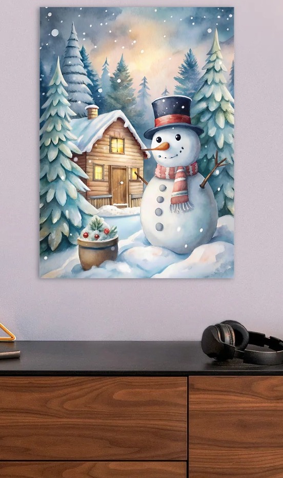 Watercolor Snowman Winter Cabin Scene