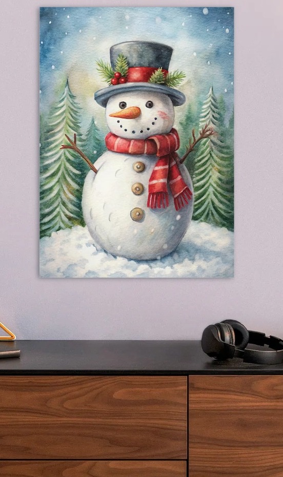 Watercolor Snowman in Winter Forest — metal poster wall art by Lineer