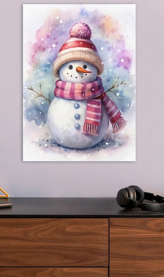 Watercolor Snowman with Pink Scarf and Hat — metal poster wall art by Lineer