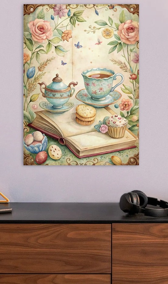 Watercolor Tea Party with Flowers and Books — metal poster wall art by Lineer