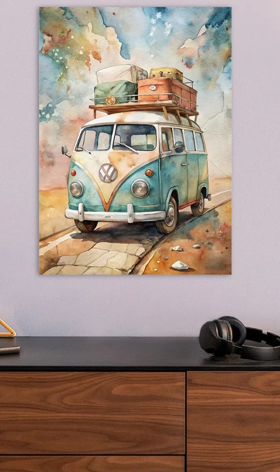 Watercolor Volkswagen Bus with Luggage — metal poster wall art by Lineer