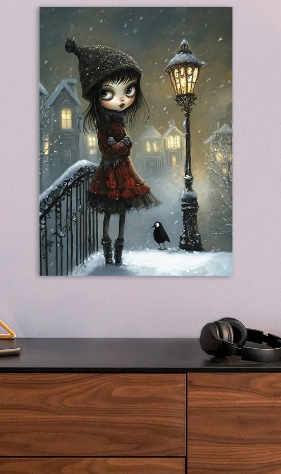 Winter Girl with Crow by Lamppost — metal poster wall art by Lineer