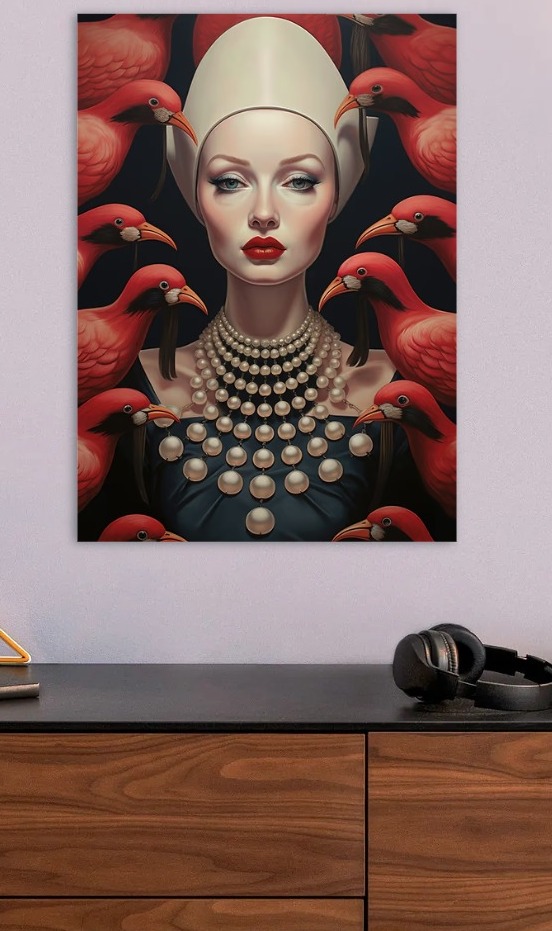 Woman with Birds and Pearl Necklace — metal poster wall art by Lineer