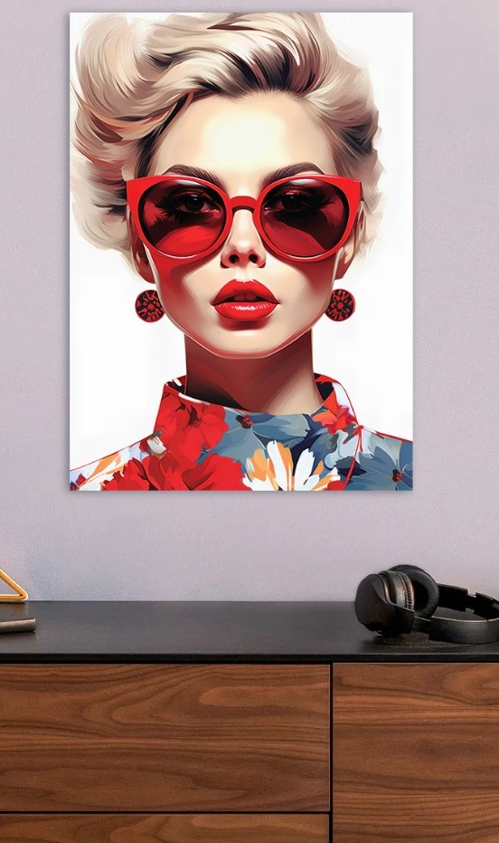 Woman with Red Sunglasses and Floral Top — metal poster wall art by Lineer