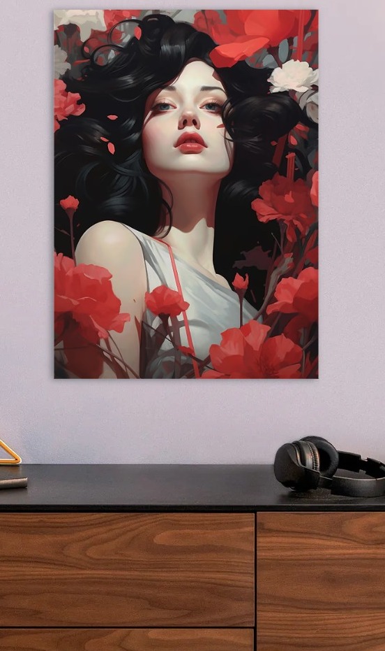 Woman with dark hair and red flowers — metal poster wall art by Lineer