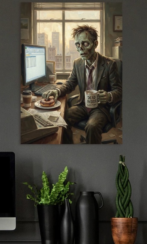 Zombie Office Worker with Coffee and Donut — metal poster wall art by Lineer