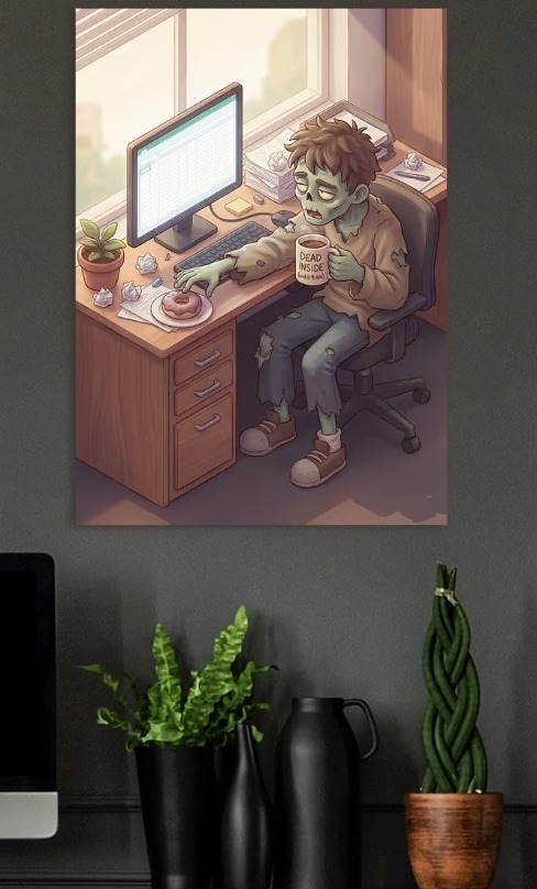 Zombie at Desk with Coffee and Donut — metal poster wall art by Lineer