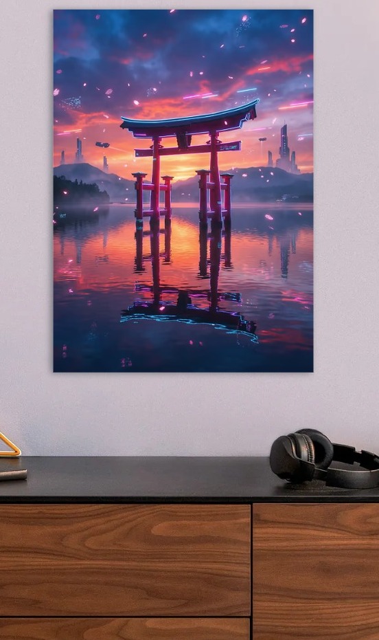 Cyberpunk Torii Gate at Sunset — metal poster wall art by Lineer
