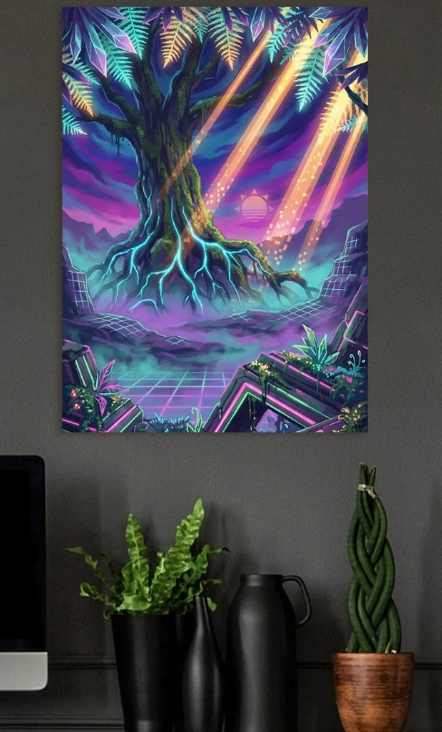 Cyberpunk Tree with Neon Roots — metal poster wall art by Lineer