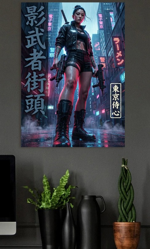Cyberpunk Warrior Woman in Tokyo — metal poster wall art by Lineer