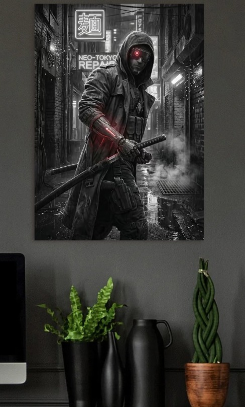 Cyberpunk Warrior with Katana in Neon Alley — metal poster wall art by Lineer