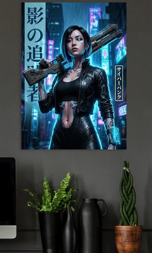 Cyberpunk Woman with Gun — metal poster wall art by Lineer