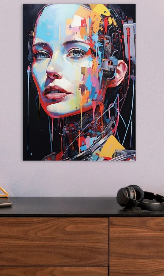 Cyborg Portrait with Colorful Abstract Energy — metal poster wall art by Lineer