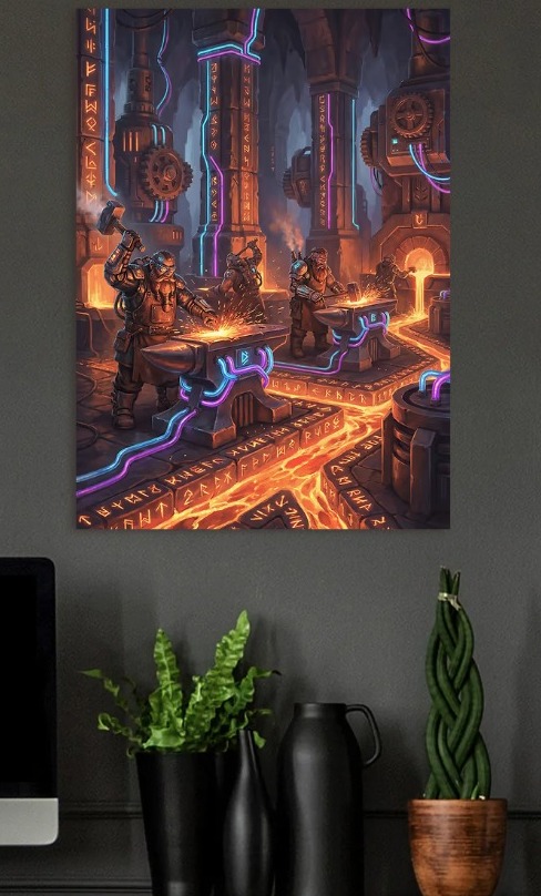 Dwarves Forging in a Cyberpunk Smithy — metal poster wall art by Lineer