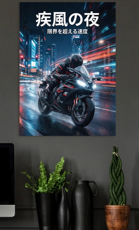 Motorcyclist in Rainy City Night — metal poster wall art by Lineer