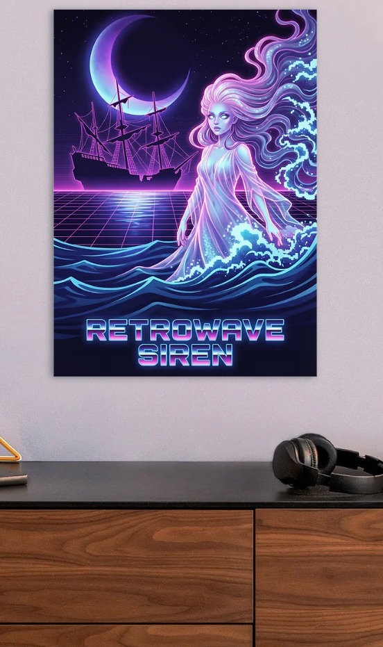 Retrowave Siren and Ship — metal poster wall art by Lineer