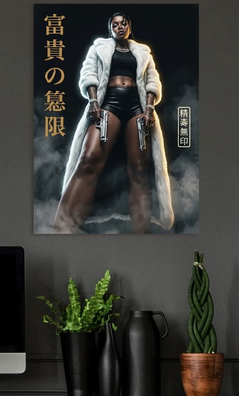 Woman in Fur Coat with Guns — metal poster wall art by Lineer