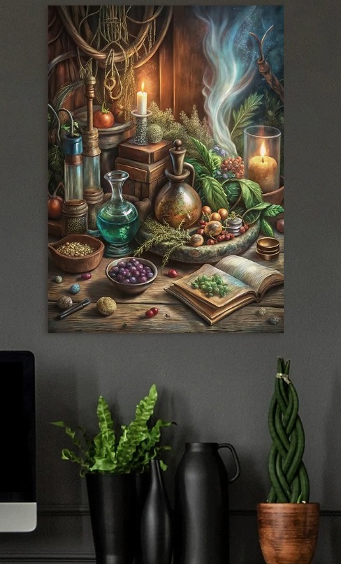 Alchemists Still Life with Herbs and Pot — metal poster wall art by Lineer