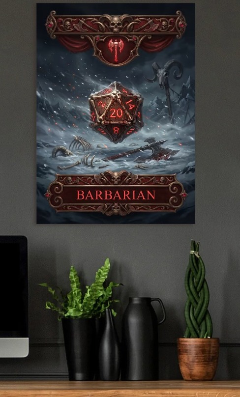 Barbarian D20 Dice and Axes — metal poster wall art by Lineer