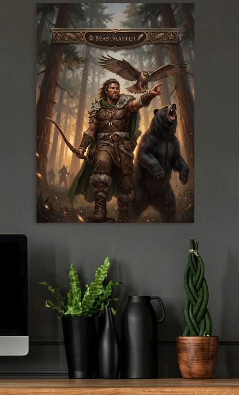 Beastmaster with Hawk and Bear — metal poster wall art by Lineer