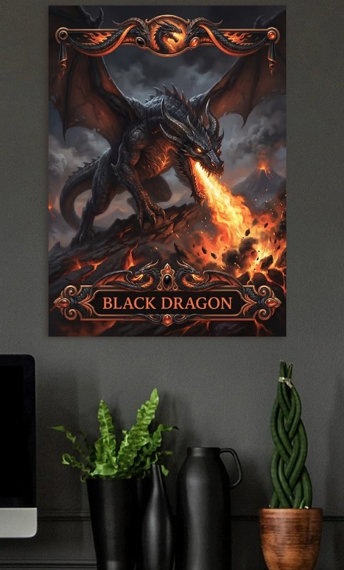 Black Dragon Breathing Fire — metal poster wall art by Lineer
