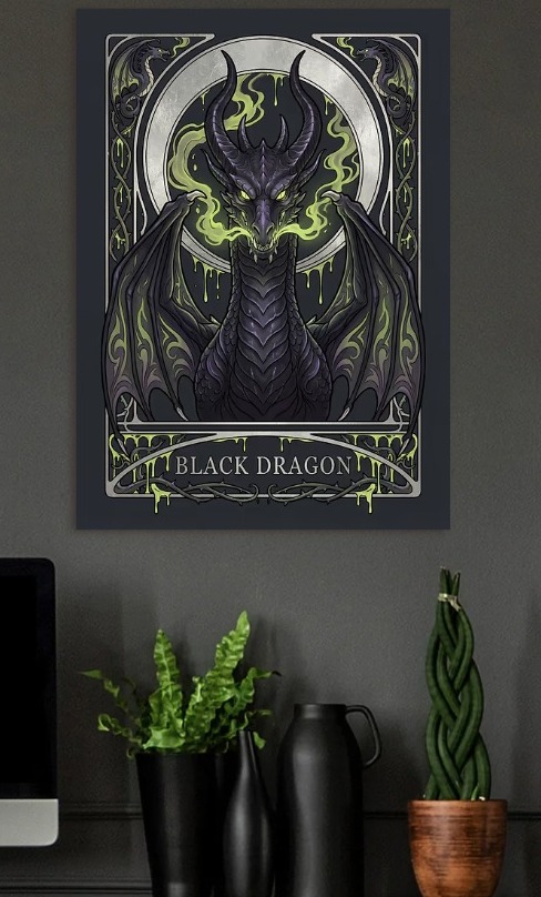 Black Dragon with Green Smoke — metal poster wall art by Lineer