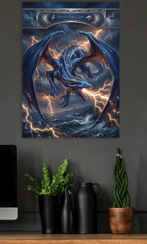 Blue Dragon in Lightning Storm — metal poster wall art by Lineer