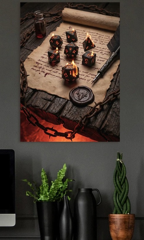 Burning Dice on Ancient Scroll — metal poster wall art by Lineer