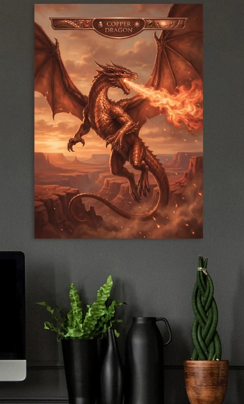 Copper Dragon Breathing Fire — metal poster wall art by Lineer