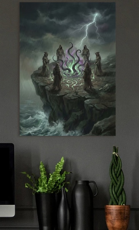 Cultists Summoning Tentacles in a Storm — metal poster wall art by Lineer