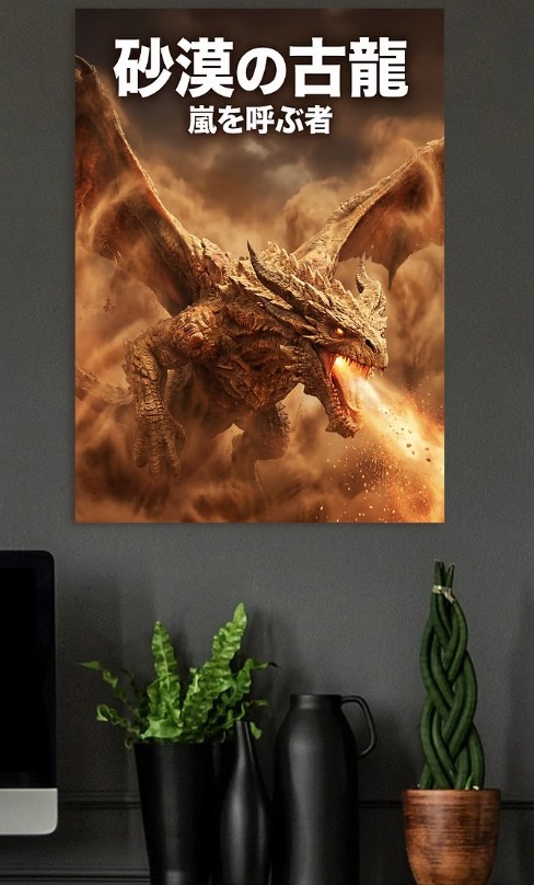 Dragon breathing fire in a sandstorm — metal poster wall art by Lineer