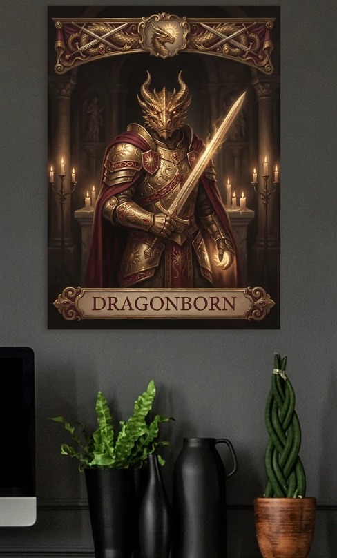 Dragonborn Knight with Glowing Sword — metal poster wall art by Lineer