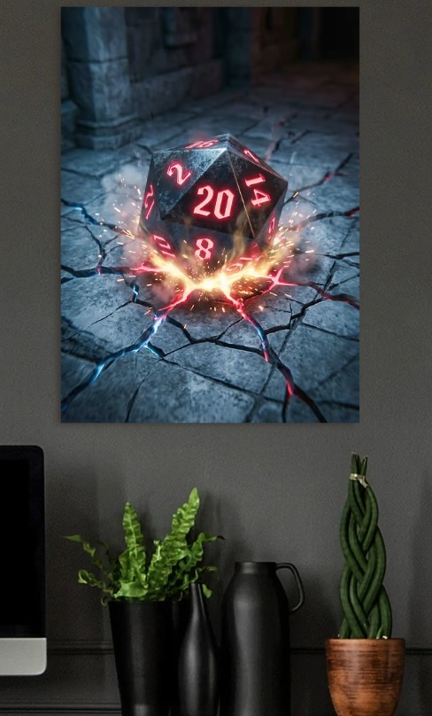 Fantasy D20 Dice Cracking Ground — metal poster wall art by Lineer