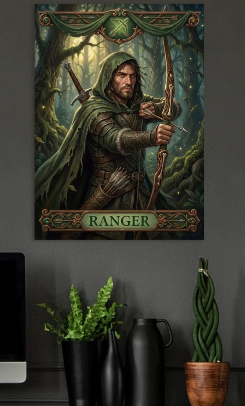 Fantasy Ranger with Bow and Sword — metal poster wall art by Lineer